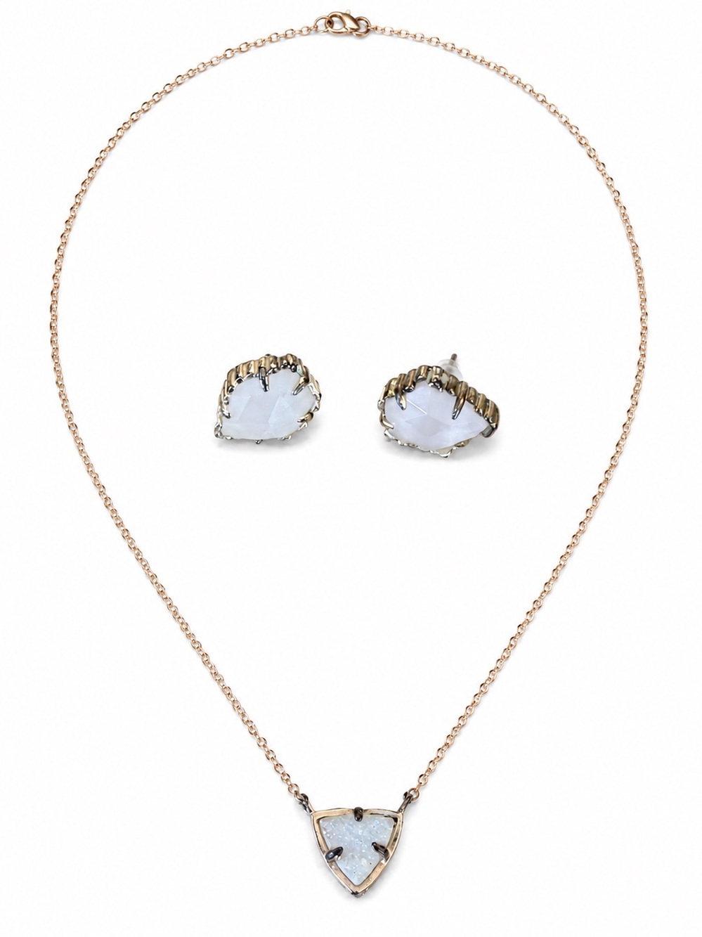 Kendra Scott Rose Gold Triangle Druzy Necklace with White Druzy Studs